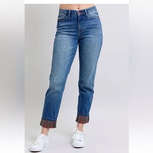 Judy Blue Red Plaid Print Cuff Straight Leg Boyfriend Jeans size 9/29